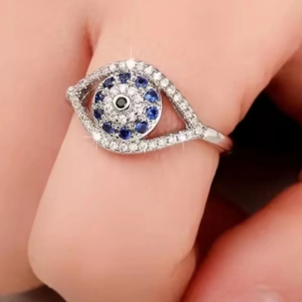 Elegant Silvery and Blue Evil Eye Ring Sz 9
